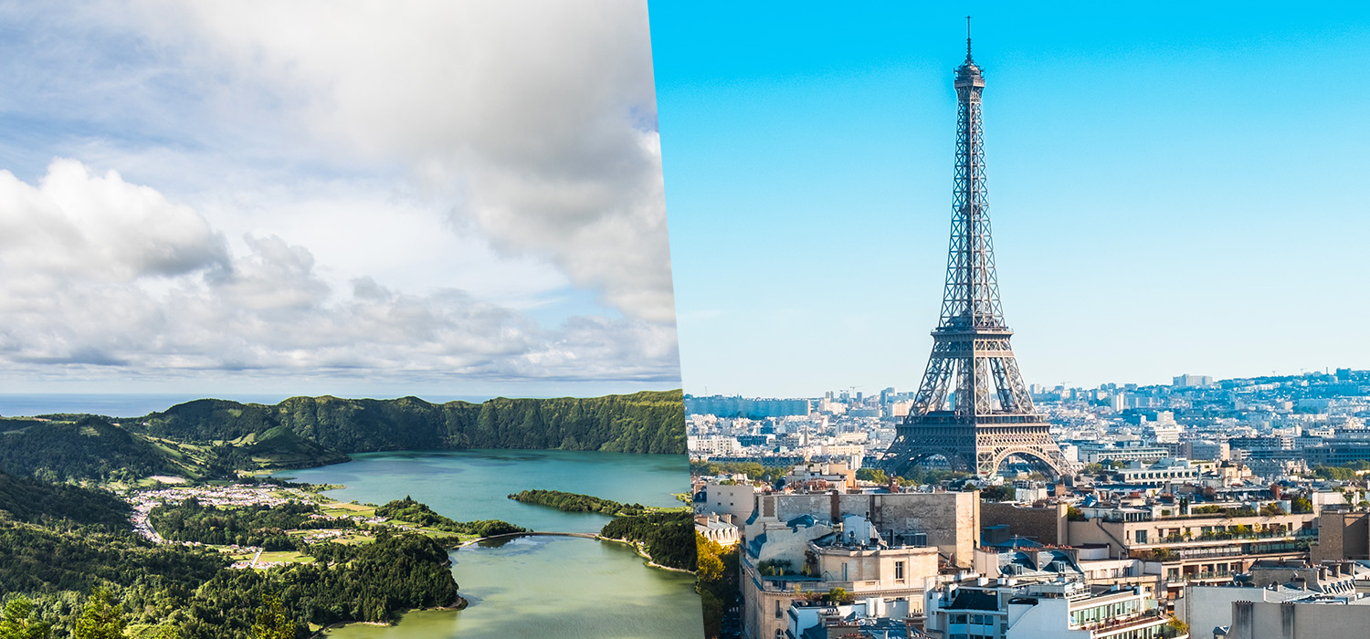 View over Sete Cidades lagoon, and view over Paris, with Eiffel Tower in the center