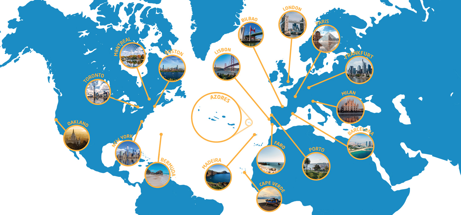 World map with Azores Airlines destinations: Azores, Madeira, Lisbon, Porto, Faro, Bilbao, Paris, London, Milan, Bermuda, Barcelona, Toronto, Frankfurt, Montreal, New York, Boston, Oakland and Cape Verde.