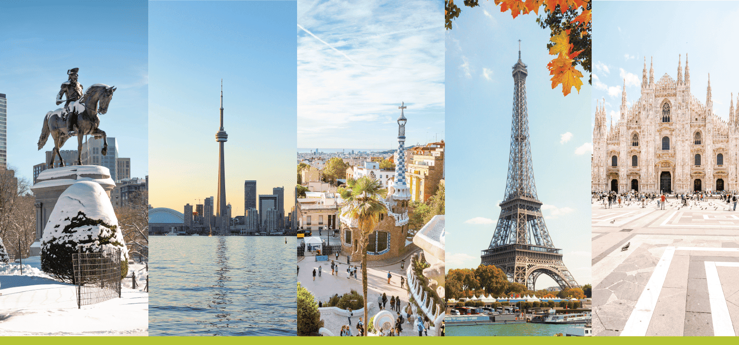 George Washington Statue in Boston, CN Tower in Toronto, Parq Guell in Barcelona, Eiffel Tower in Paris, and Duomo Cathedral in Milan.