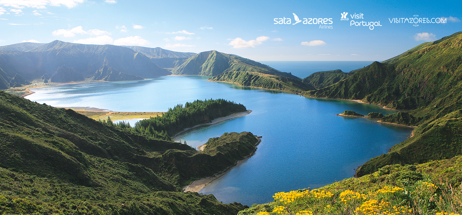 Fire Lake view. SATA Azores Airlines; Visit Portugal and VisitAzores.com logos.