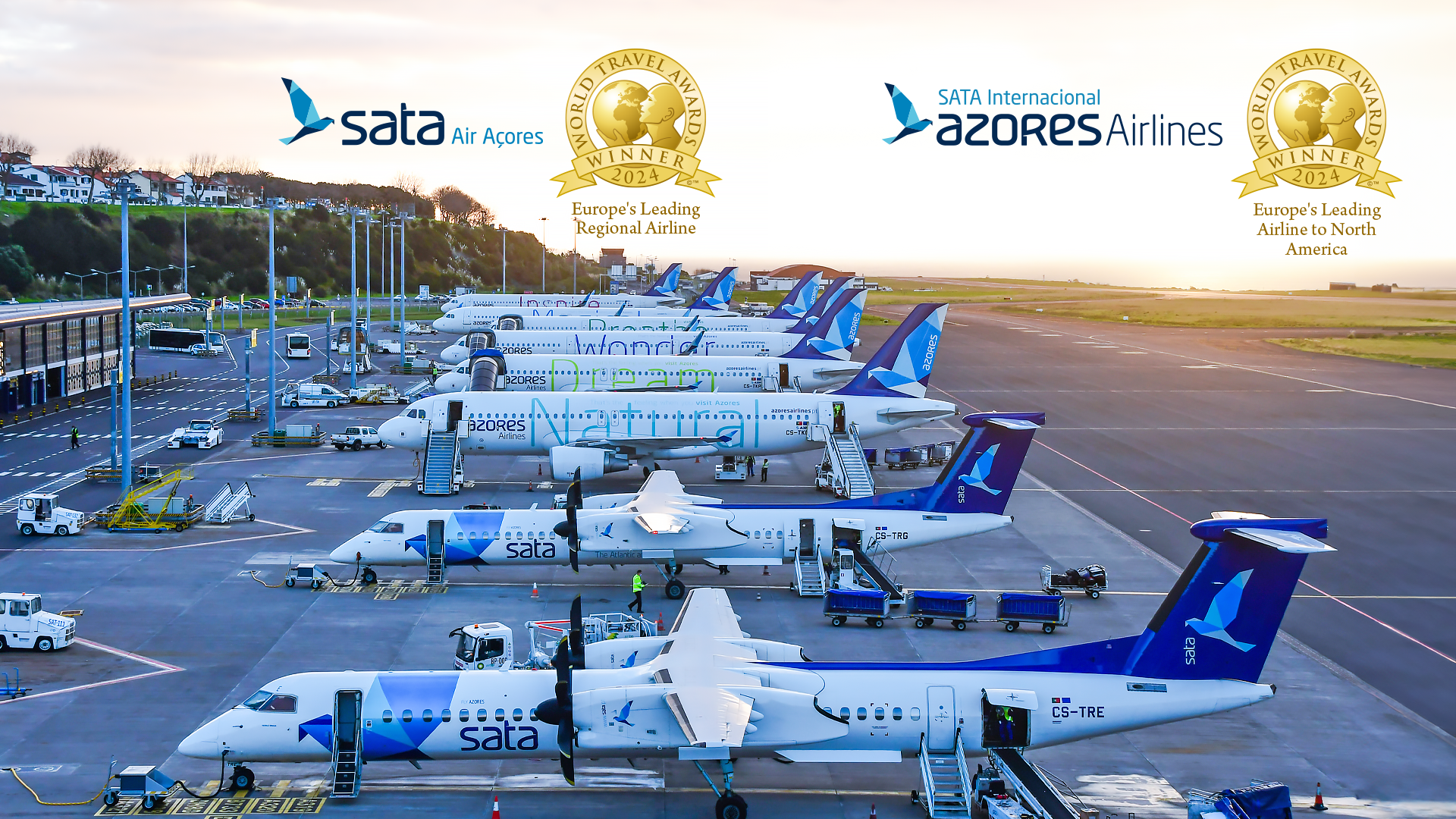 SATA Air Açores, World Travel Awards Winner 2024, Europe's Regional Leading Regional Airline. SATA Internacional Azores Airlines, World Travel Awards Winner 2024, Europe's Airline to North America.